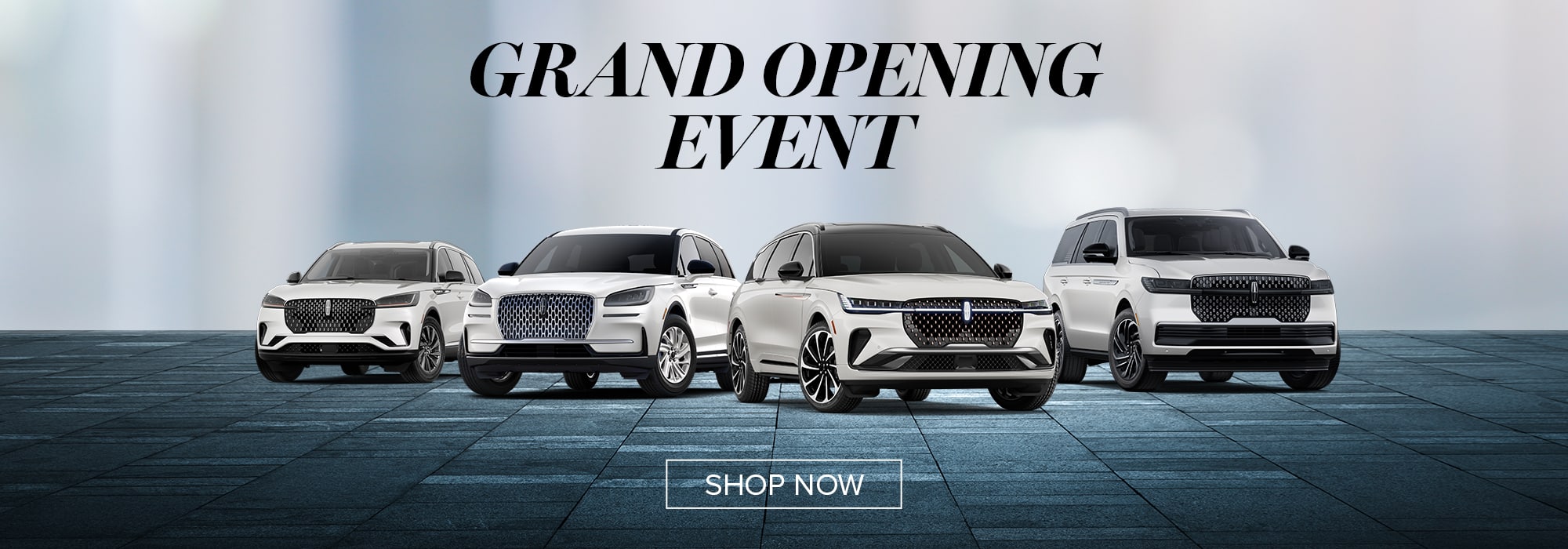 Four white SUVs showcased with "Grand Opening Event" text above. "Shop Now" button visible.
