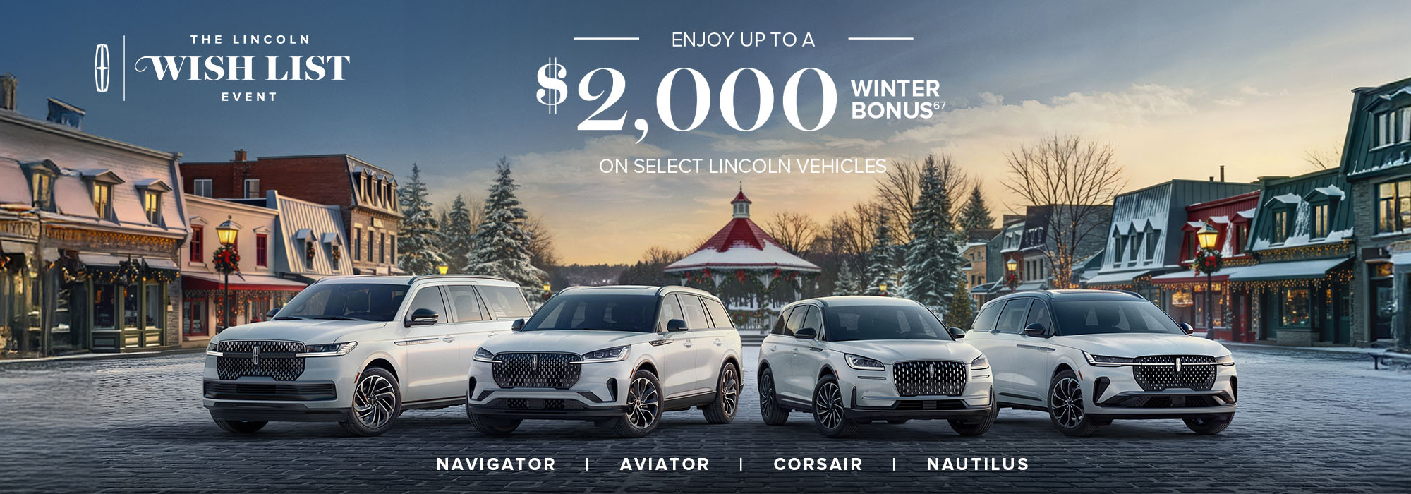 Lincoln Wish List event ad showcasing four SUVs with a $2,000 winter bonus offer.