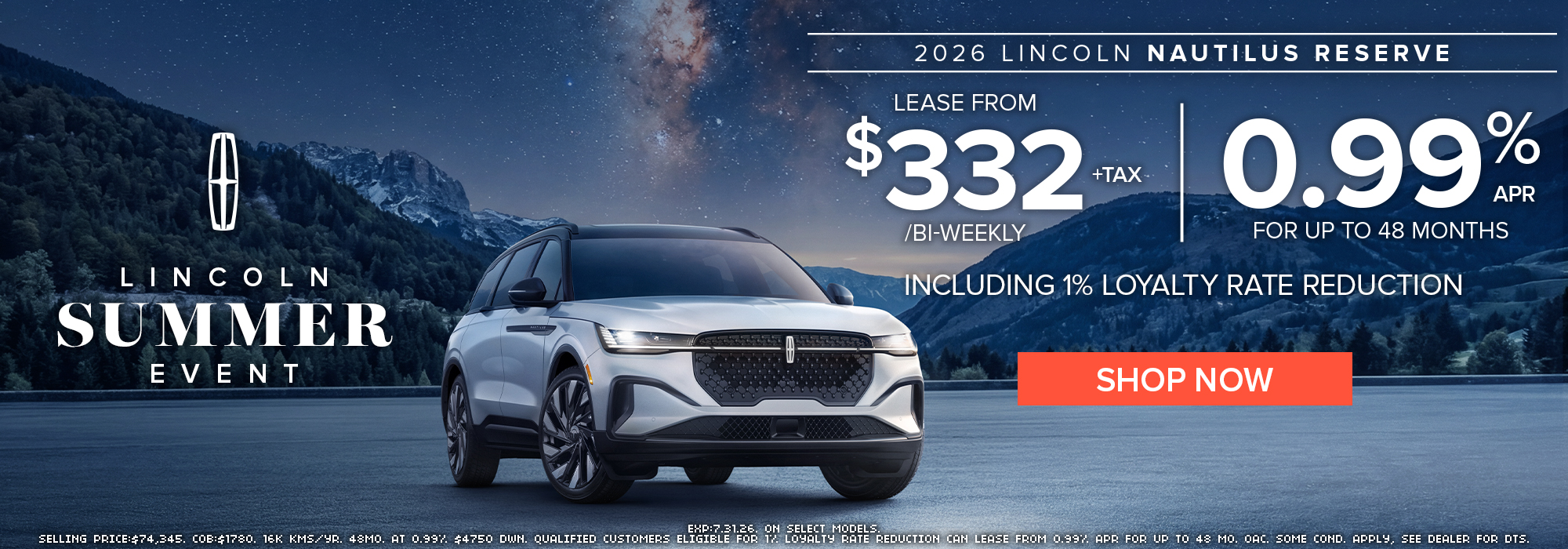 Lincoln Nautilus Reserve SUV offer. Lease from $332 bi-weekly at 0.99% APR, includes 1% loyalty rate reduction.