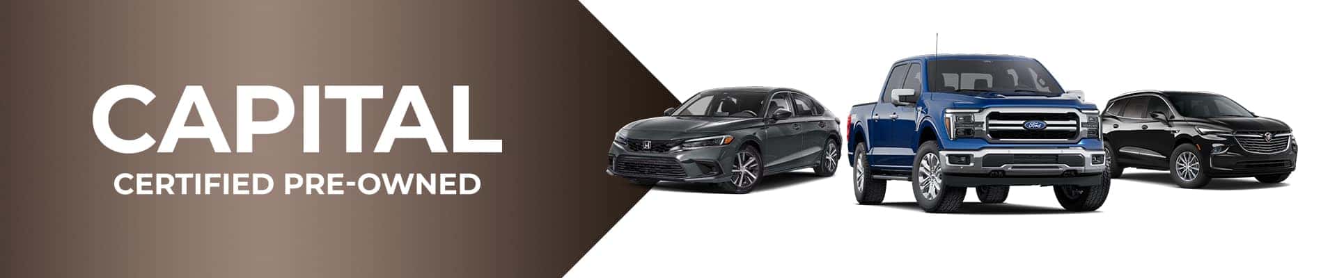 "Capital Certified Pre-Owned" banner with three vehicles: a sedan, a truck, and an SUV.