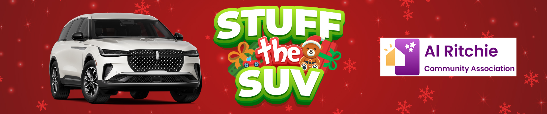 White SUV with "Stuff the SUV" text, festive teddy bear, and "Al Ritchie Community Association" logo on red background.