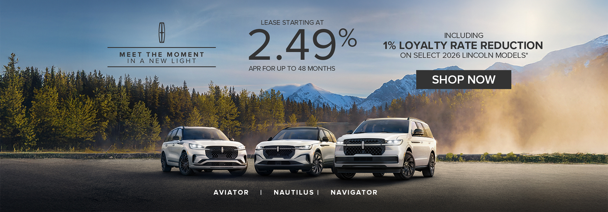 Three Lincoln SUVs displayed with text offering 2.49% APR, loyalty discounts, and a "Shop Now" button.