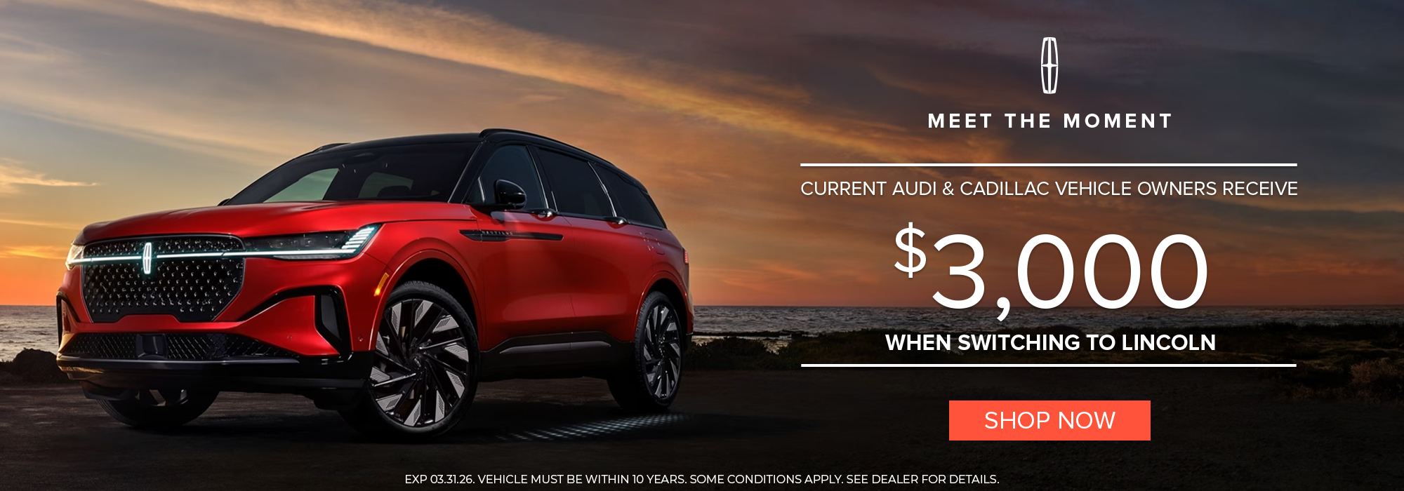 Red Lincoln SUV at sunset, offering $3,000 savings for Audi and Cadillac owners switching to Lincoln.