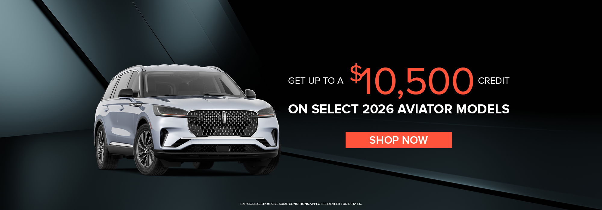 2026 Aviator with $5,500 credit offer and shop now button. Promotion ends 04/30/26.
