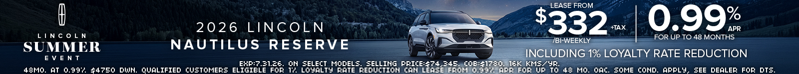 2026 Lincoln Nautilus Reserve SUV by a lake with leasing offer starting at $332 bi-weekly, 0.99% APR.